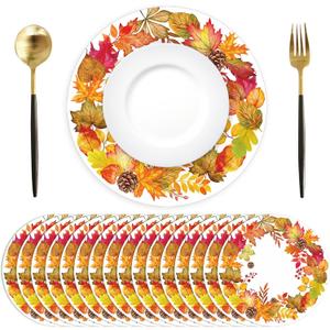 50Pcs Fall Maple Leaf Placemats 13.4 Inch Thanksgiving Decorative Round Paper Place Mat Disposable Paper Table Mats for Autumn Harvest Dining Table Party Supplies