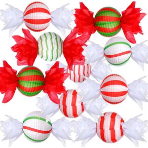 Riakrum 12 Pcs Christmas Candy Paper Lanterns 10 Inch Red Green White Christmas Hanging Paper Lantern Decorations Craft Sets for Xmas Party Supplies Indoor Outdoor Decor
