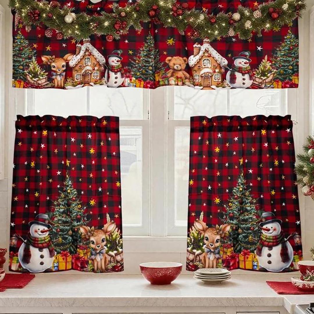 3 Pieces Christmas Kitchen Curtains Set, Plaid & Snowflake & Holly Xmas Curtains for Kitchen - Light Filtering, Easy Install Red Valances for Christmas Window Decor