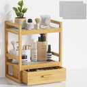 2 Tier Bathroom Organizer Countertop, Bamboo Vanity Organizers and Storage with Drawer for Skincare & Makeup, Counter Shelf with Stone Drying Mat for Coffee Bar, Kitchen, Matcha Station (13L x 15.75"H x 9.5W)