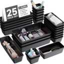 BiuLeon 25 PCS Plastic Drawer Organizers Set, 4-Sizes Vanity and Makeup Organizer, Desk and bathroom Drawer Organizer Trays, Organizers and Storage for Makeup, Jewelry, Gadgets, Utensils (Black)