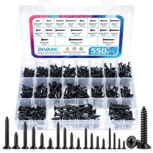 550Pcs 304 Stainless Steel Wood Screws Assortment Kit, Phillips Flat Head Sheet Metal Screws Self Tapping Screws Set, #4#6#8#10#12 Wood Assorted Screw (Black-Flat Head 550PCS)
