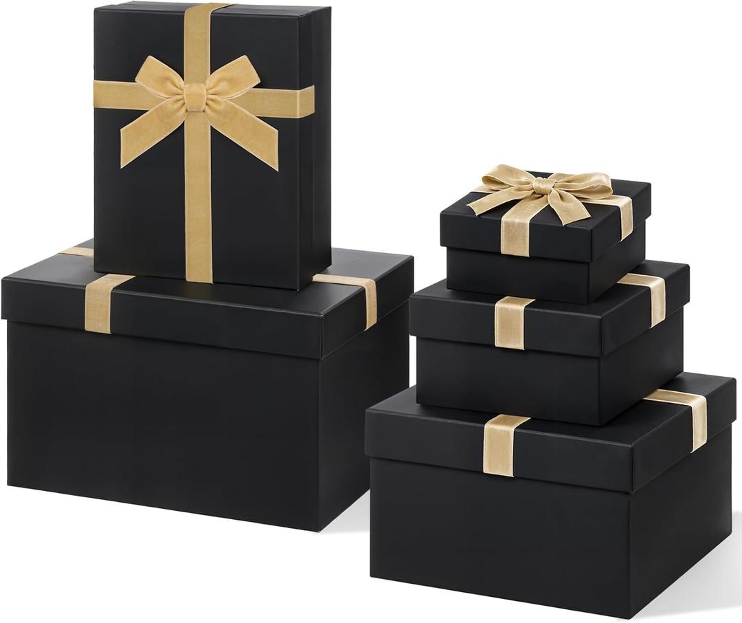 Cholemy Valentine 5 Pcs Luxury Nesting Gift Boxes with Lid and Velvet Ribbon Assorted Size Decorative Box Wrap for Present Wedding Graduation Birthday Anniversary Party Favor, Black Champagne