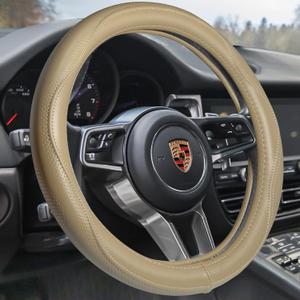 HAOKAY Top Grade Beige Genuine Leather Steering Wheel Cover Men Women, Luxury Steering Wheel Cover for Cars, SUVS and Trucks, Universal 14.5-15 inch