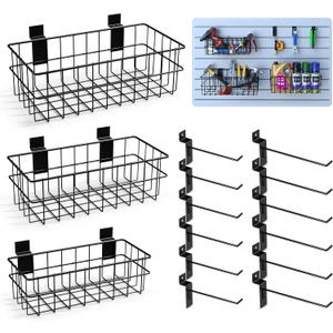 Slatwall Accessories Kit with Multi-Sized Slatwall Baskets and Slat Wall Hooks (Pack of 15)