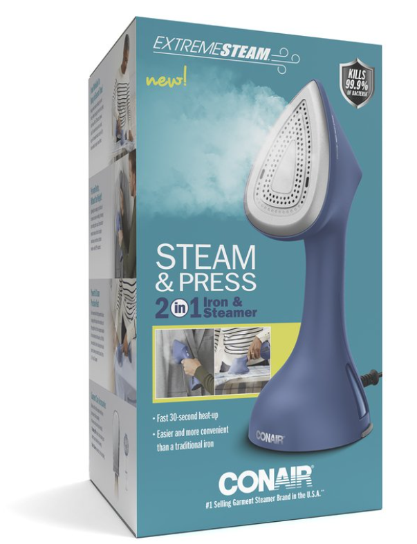 Conair ExtremeSteam Steam & Press 2-in-1 Iron & Steamer, Press Steamer for Clothes, Continuous Steam, Iron-Shaped Soleplate, For Home, Office or Travel