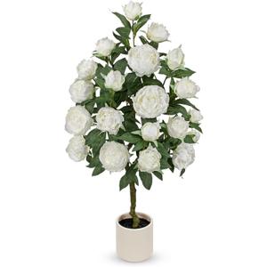 Hollyone White Fake Peonies Tree 4FT Peonies Artificial Flowers Tree in Pot Faux Peony Plants & Flowers in Planter Greenery Potted Plant Indoor Outdoor Front Door Porch Home Decor