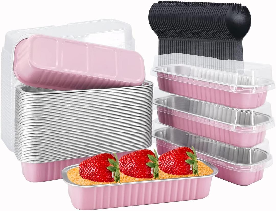 LNYZQUS Mini Loaf Pans With Lids 50 Pack, 6.8oz Rectangle Aluminum Foil Baking Pans Tins Containers, Disposable Ramekins Baking Cups Muffin Tins Cupcake Cups For Mini Cake Bread Loaf -Pink
