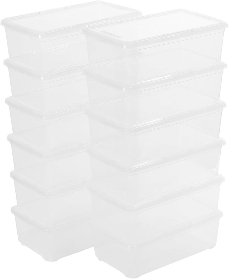 novelinks 12 Pack 6QT Plastic Storage Bins with Lids, Stackable Clear Containers with Latches, Durable Nestable Boxes for Office, Home, Garage, Shoes Organization