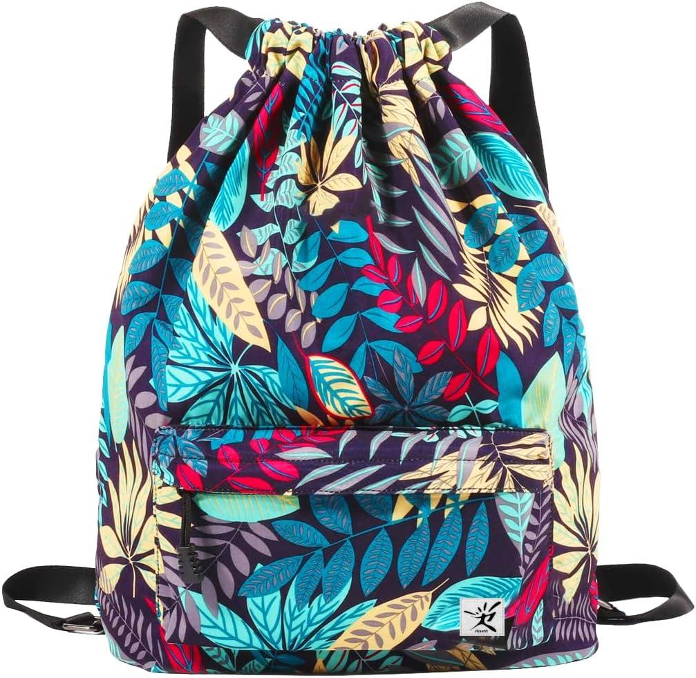 Waterproof Drawstring Bag, Gym Bag Sackpack Sports Beach Backpack for Men Women (02-blue Leaves)