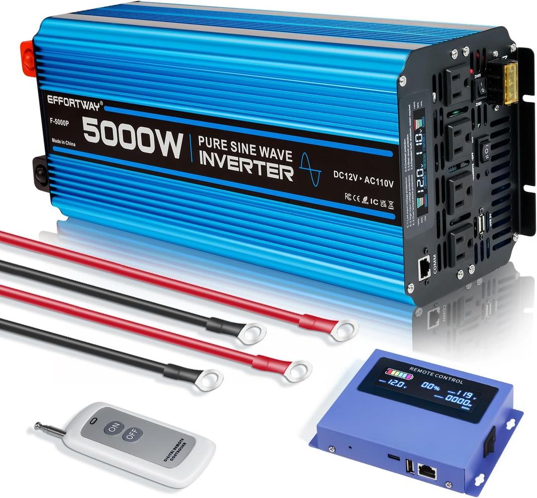 5000W Pure sine Wave Inverter DC 12V to AC 110V/120V Converter 10000w (Peak) with LCD Display Wireless/Wired Remote Control 4AC outlets 4USB and Hardwired AC.Ideal for RV Travel Off-Grid Solar Systems