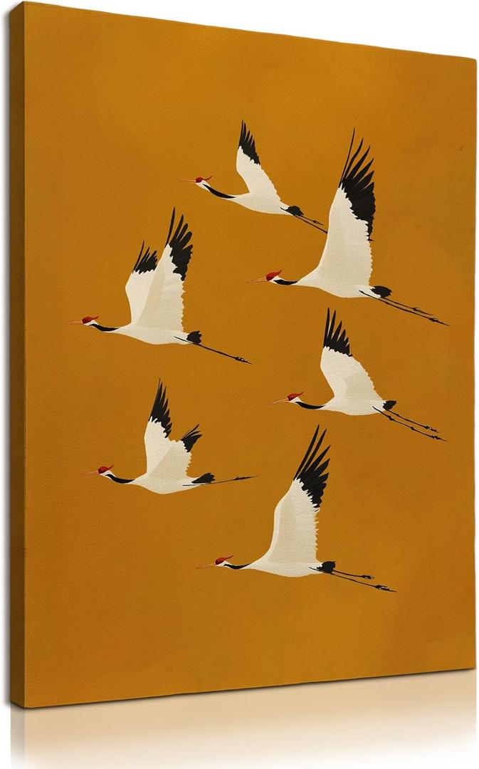 KU-DaYi Vintage Japanese Crane Wall Art Decor, Rustic Nature Japandi Flying Crane Bird Canvas Prints Pictures Framed, Japanese Bird Wall Art Prints for Home Bedroom Living Room Decor, 11x14 Inches