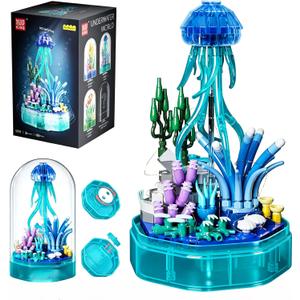 Sea Creature Collections Jellyfish Building Sets with Seaweed and Coral, 10101 Sea Animal Building Kits for Adults and Kid Boys Girls 8 9 10, 405 PCS Natural Style Ocean STEM Toy Music Box with Lights