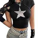 SOLY HUX Women's Summer Star Print Cap Sleeve Tee T Shirts Casual Crop Tops Black M