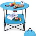 VILLEY Folding Camping Table, Lightweight Double-Layer Round Table with 4 Cup Holders and Carry Bag, Portable Beach Table for Camp, Travel, Fishing, Outdoor Activities, Blue, 28.35 inches diameter
