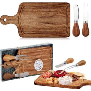1 Set Bridal Baby Shower Cheese Prizes Wooden Square Board Gift Set Knives Forks Thank You Tags with Box for Guests for Valentines Bridal Baby Shower Housewarming Gifts (Acacia Color)