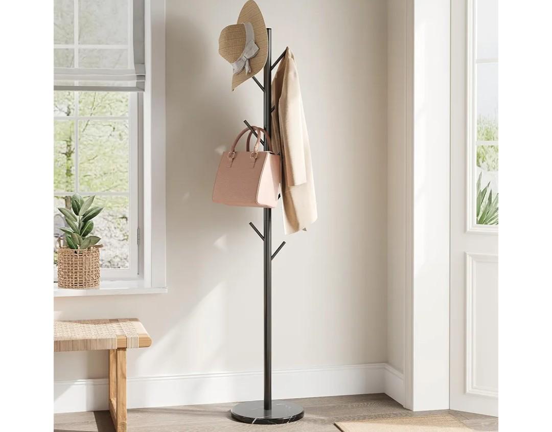 ELYKEN Coat Rack Freestanding with Natural Marble Base, Metal Coat Rack Stand with 10 Hooks, 3 Adjustable Size Coat Tree for Bags, Clothes, and Hats for Entryway, Bedroom, Hallway, Office, Black