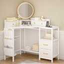 Espelism Corner Vanity Desk with Charging Station, 49.6" Makeup Table with Fabric Drawers & Side Pocket, Space-Saving Dressing Table for Small Space Bedroom Dorm(White), 49.6" L x 15.7" W x 30" H