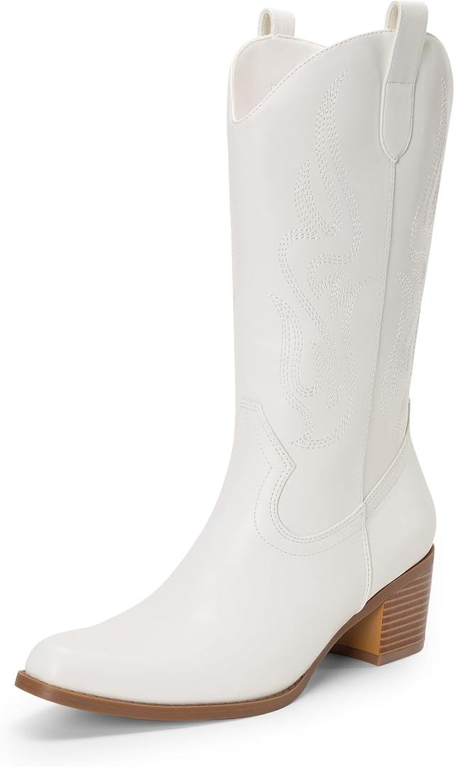 DREAM PAIRS Women's Square Toe Cowboy Mid Calf Western Boots (10, White-pu)