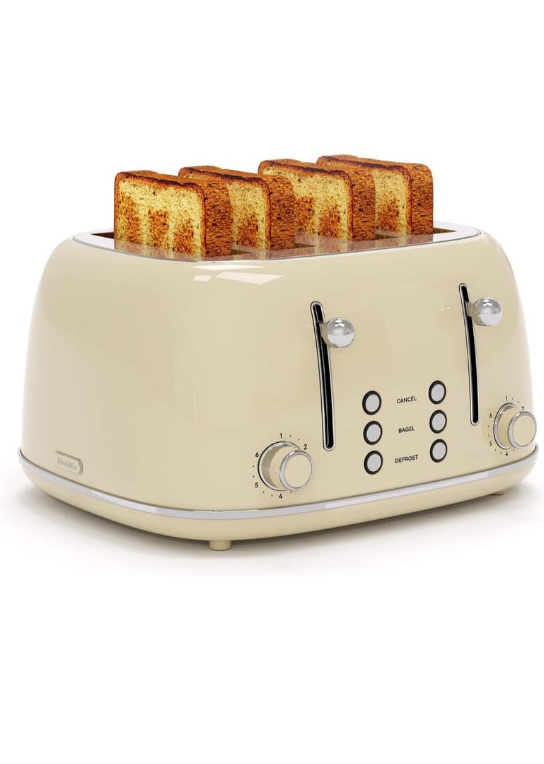 Toaster 4 Slice, Retro Stainless with 6 Bread Shade Settings,1.5''Wide Slots Toaster with Cancel/Defrost/Reheat Functions,Dual Independent Control Panel, Removal Crumb Tray (Cream)