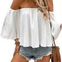 SweatyRocks Women's Sexy Cute Off Shoulder Ruffle Hem Flowy Chiffon Blouses Top Large
