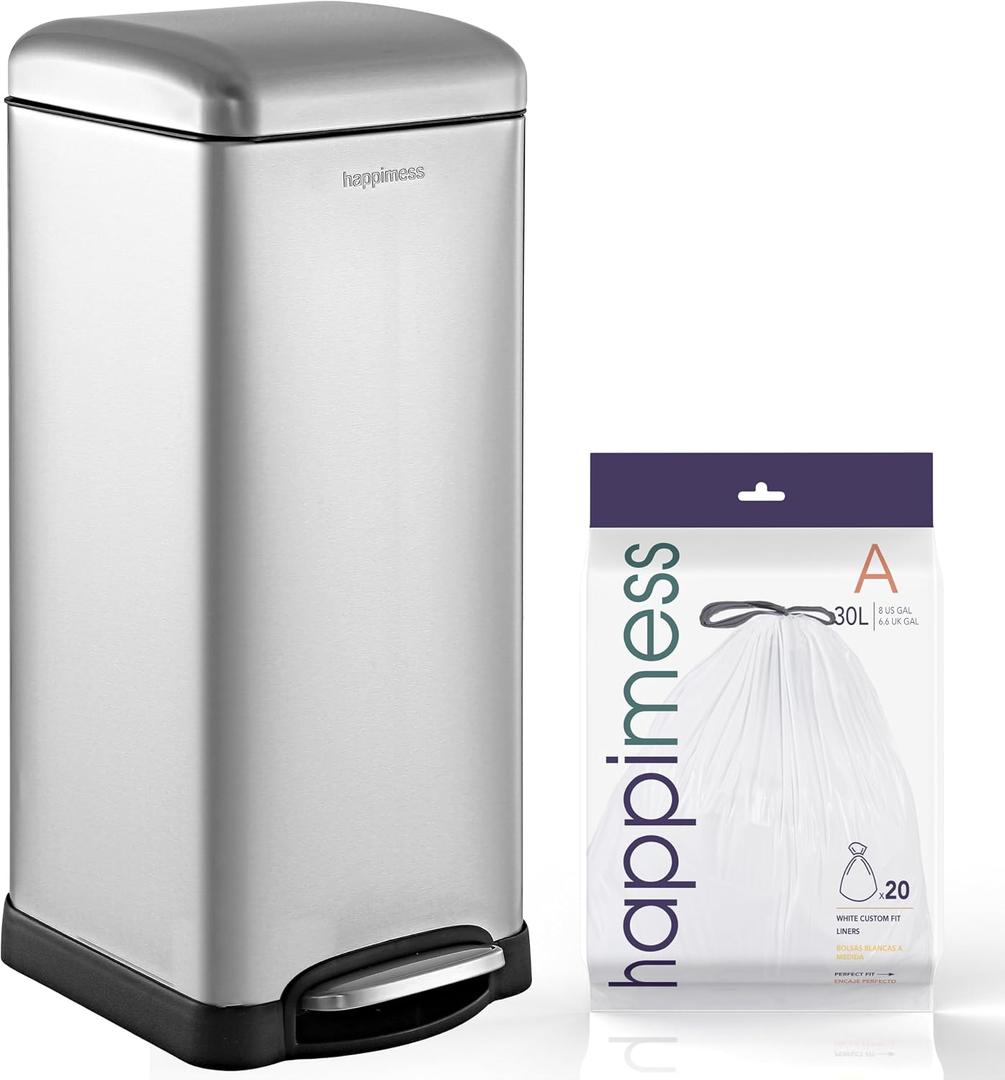 happimess HPM1007D Betty Retro 8-Gallon Step-Open Trash Can with Soft-Close Lid, Fingerprint Resistant, Modern, Minimalistic for Home, Kitchen, Laundry Room, Office, Bedroom, Bathroom, Chrome