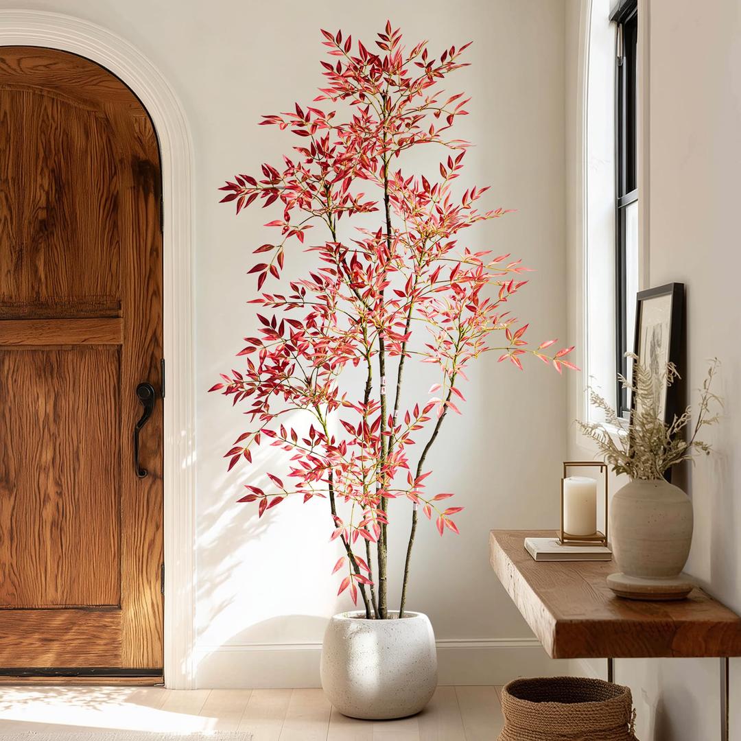 Tall Faux Plastic Silk Plants Large Artificial Bamboo Tree Indoor Outdoor Realistic Floor Plant Potted Fake Nandina Trees for Home Living Room Office Front Porch Patio decoracion Housewarming Gift