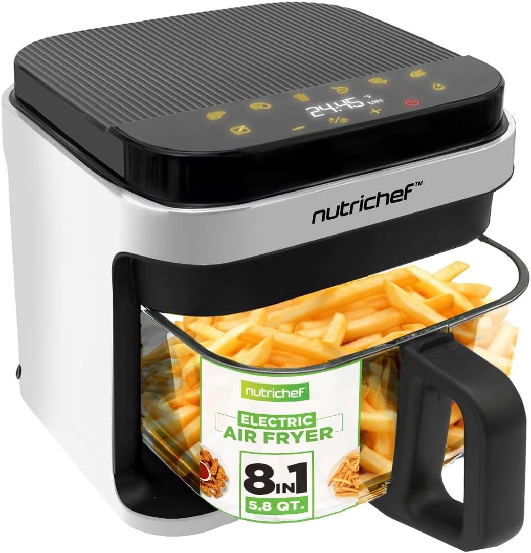 Nutrichef 5.8 Quart Air Fryer, 8-1 Preset Cook Modes, Transparent Fry Bowl for Best Cooking Results, Cook Shrimp, Steak, Fries, Wings, Chicken & More Precise Temperature Control & Time, White