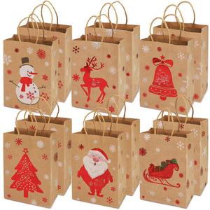 Christmas Kraft Gift Bags 12 Count Assorted Styles Bags Xmas Small Paper Bags with Handles Christmas Goodie Bags with Christmas Prints for Xmas Gift Wrapping Christmas Party Supplies