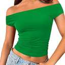 Trendy Queen Womens Summer Tops Off The Shoulder Going Out T Shirts Crop Tank Top Casual Dressy Work Clothes Cute Y2k Fashion Outfits 2025 Green Size XS