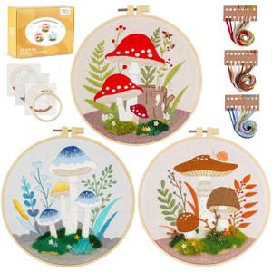 3 Pack Beginner Embroidery Kits for Adults DIY Starter Kit with,cross stitch kits for beginners,Stamped Patterns,Embroidery Hoop,Colorful Threads,Tools,Step by Step Instructions & Video Tutorial (mushroom)