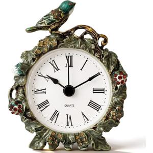 Kenning Vintage Mini Table Clock, 3.5 Inch Decorative Metal Silent Non Ticking Analog Quartz Battery Operated Table Top Clock for Living Room Bedroom Bedside Desk Decor(Bird)