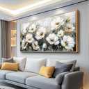 PHAOHUAXM Large Canvas Wall Decor For Living Room Wall Art For Bedroom Office Wall Decorations Print White Ink-Wash Flower-Shaped Wooden Frame Artwork Stretched and Frame Posters Home Decor 24"X48"