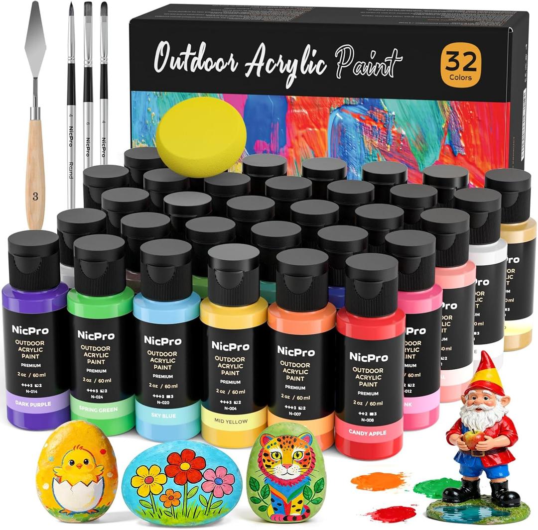 Nicpro 32 Colors Outdoor Acrylic Paint Bulk with Brush and Sponge, Knife, Non-Toxic Paint for Multi-surface Rock, Wood, Fabric, Leather, Crafts, Canvas, Shoes and Wall Painting (2 Fl Oz (Pack of 32))