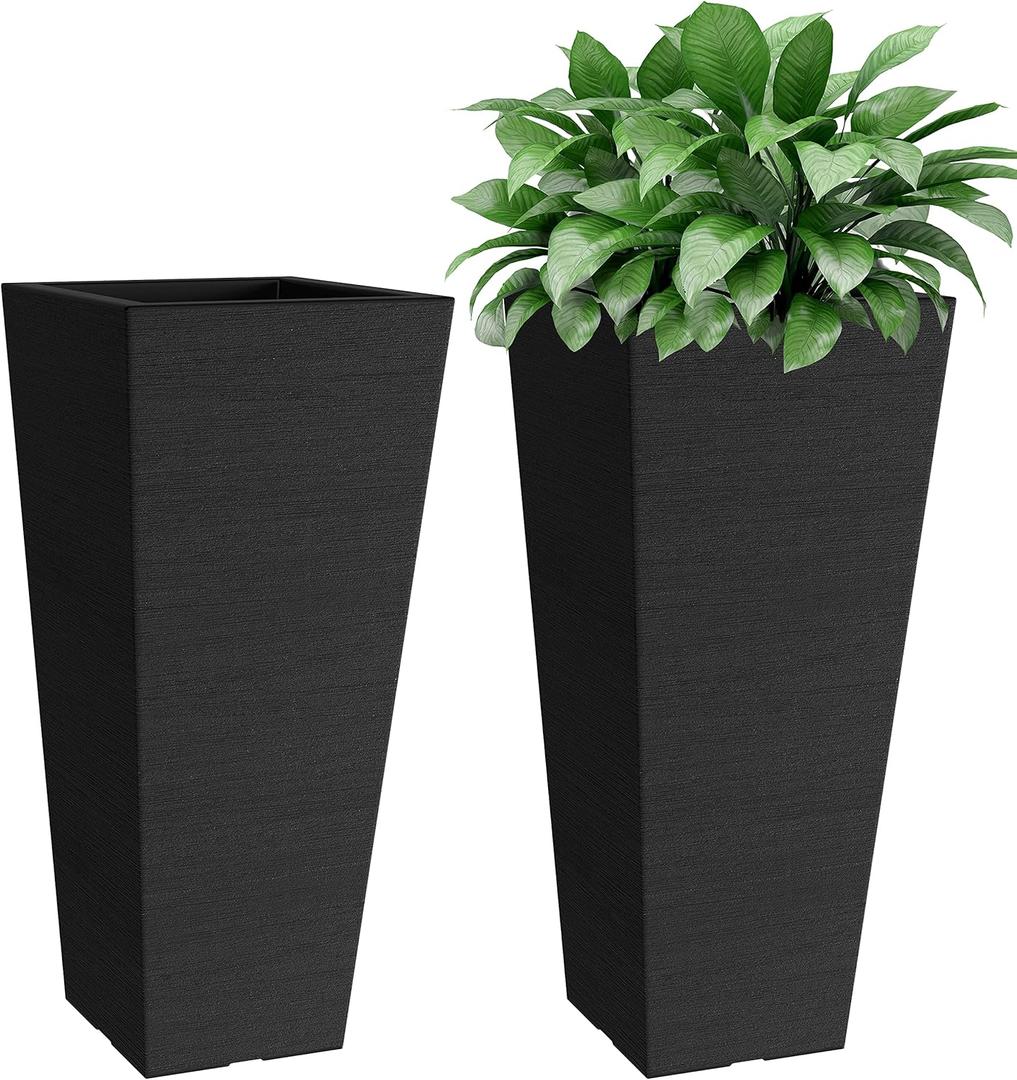 Verel Set of 2 Tall Outdoor Planters - 24 Inch Large with Small Planting Pots  Indoor and Outdoor Rectangular Flower Pots for Front Door, Patio and Deck (Black)