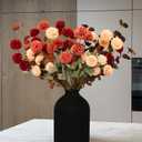 Fall Flowers, Burnt Orange Faux Kiku Flowers Artificial 10 Stems + Eucalyptus, Fake Silk Mums Fall Floral Centerpiece, Autumn Decor, Terracotta Mini Balls Faux Stems For Vase, Decoracin de Otoo