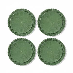 Fennco Styles Handwoven Fringe Boho Placemats 15" Round, Set of 4 - Navy Green Braided Texture Table Mats for Home, Dining Room, Banquets, Family Gathering and Special Occasion