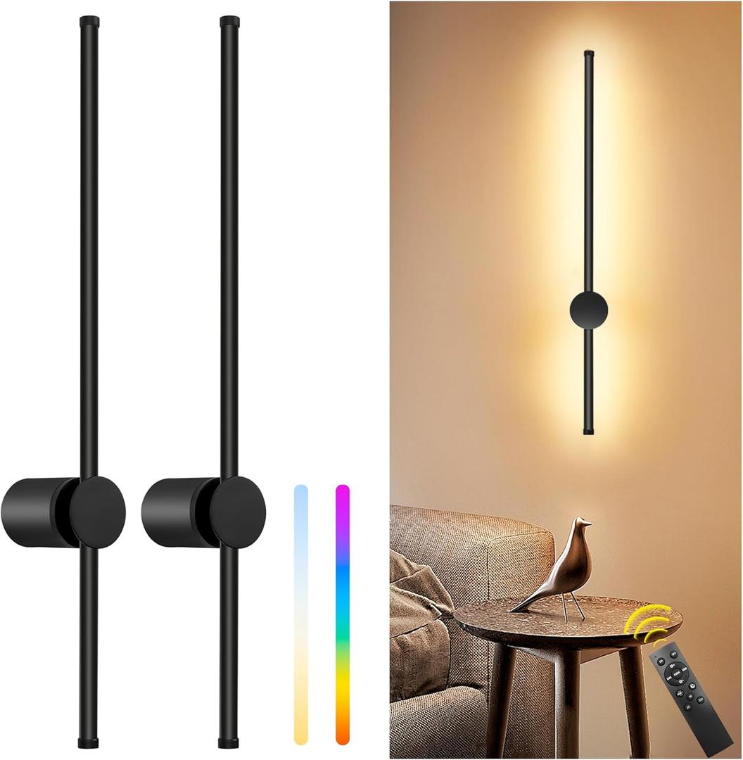 23.6 Inch Battery Operated Wall Sconces Set of Two, 12000mAh Rechargeable Wall Sconce with Remote Control, Dimmable LED Wireless Wall Lights for Bedroom, Living Room, 15 Colors, 180 Rotate, Black