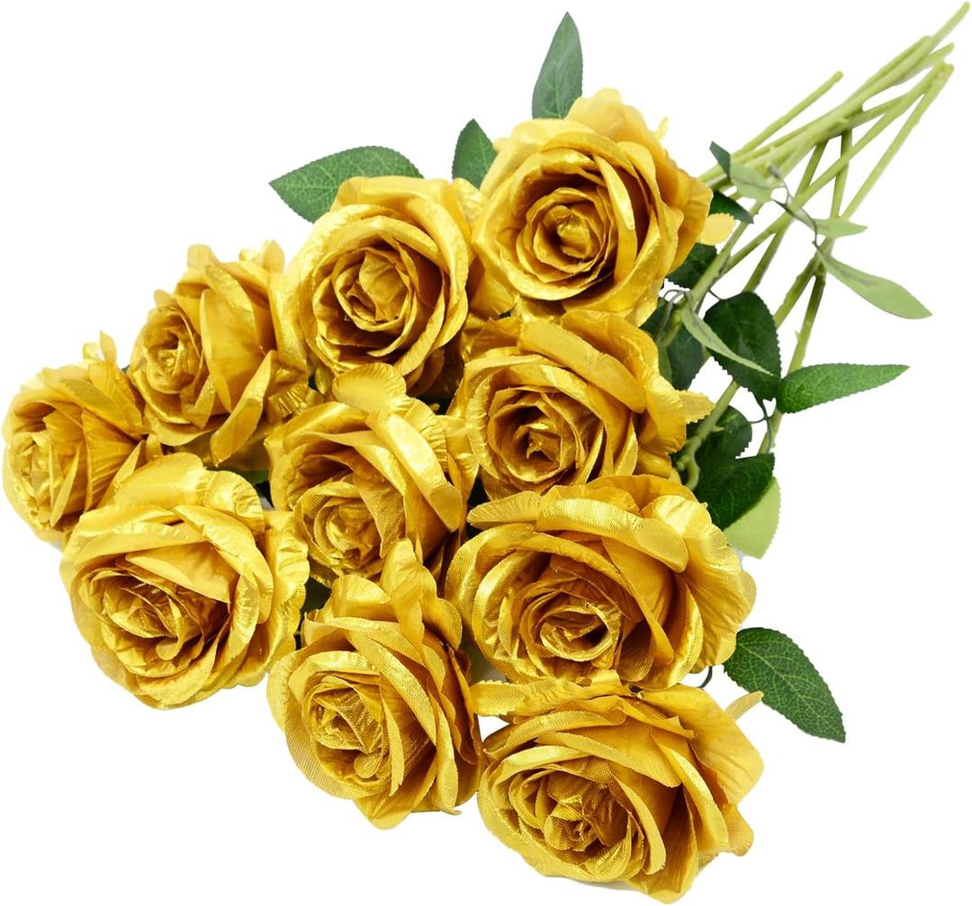 10pcs Gold Rose Artificial Flower,Artificial Rose Silk Flower 50cm Fake Rose Blossom Bridal Bouquet for Home Wedding Decor (Gold)