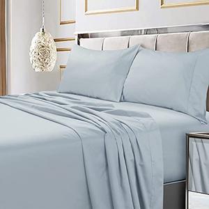 Tribeca Living Bed Sheet Set, Soft Egyptian Cotton Sateen Solid Sheets and Pillowcase Set, Extra Deep Pocket, 600 Thread Count, 4-Piece Luxury Bedding, California King, Sky Blue