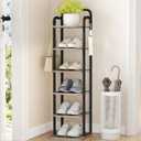 6 Tiers Vertical Shoe Rack, Narrow Shoe Tower, Tall Shoes Shelf with 2 Hooks, Adjustable Shelves, Corner Shoes Shelves for Small Spaces, Entryway, Living Room, Greige, SR04205B (Greige and Black)