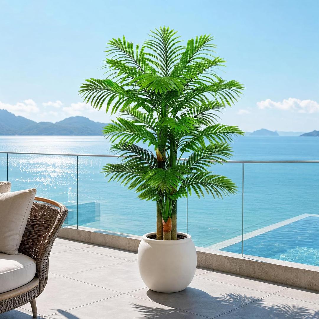 Artificial Golden Cane Palm Tree 6FT, Fake Palm Trees in White Pot