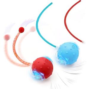 Interactive Cat Toys, 2 Pcs Automatic Moving Cats Toy with Elastic Mesh Bell Tail, Rechargeable Cat Ball for Bored Indoor Adult Cats, Energetic-cat (Red+Blue)