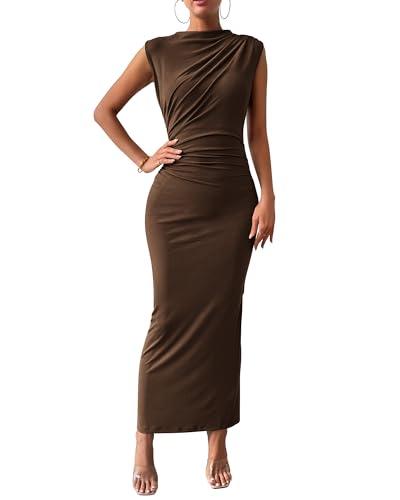 BTFBM Women Ruched Bodycon Maxi Dresses Summer Casual Sleeveless Lightweight Slit Elegant Cocktail Wedding Guest Dress(Coffee, Medium) size M