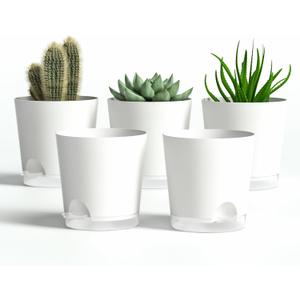 4 Inch 5 Pack Small Self Watering Pots for Indoor Plants, Nursery Pot with Drainage Holes and Saucers, Plastic Small Flower Planter for Succulent, Aloe, Cacti and More (White)