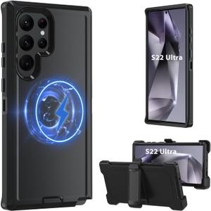 Magnetic Case for Galaxy S22 Ultra 5G case,Samsung S22 Ultra Heavy Duty case,[Military Grade Protective ],[Shockproof] [Dropproof] [Dust-Proof], (with Belt Clip,Black-MAG)