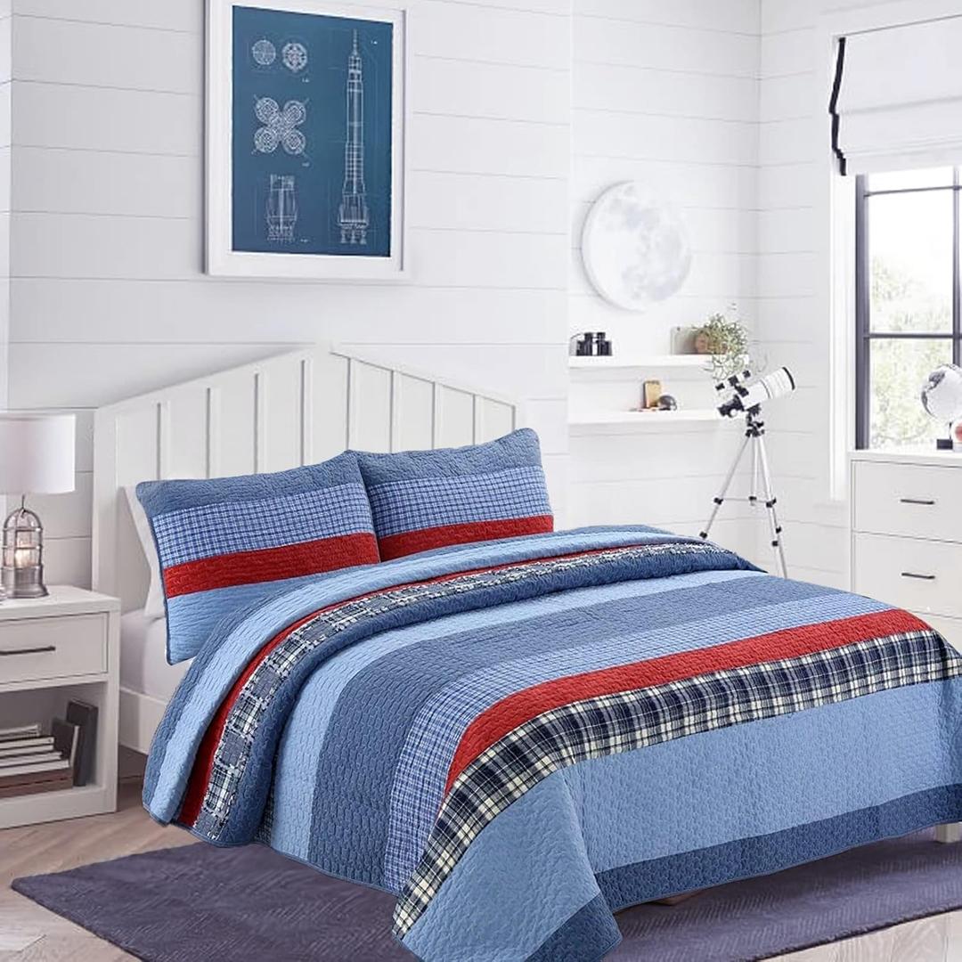 Cozy Line Home Fashions Sailor Navy Striped 100% Cotton Reversible Bedding Quilt Set, Coverlet Bedspread for Boys Kids (Navy/Red, Twin - 2 Piece)