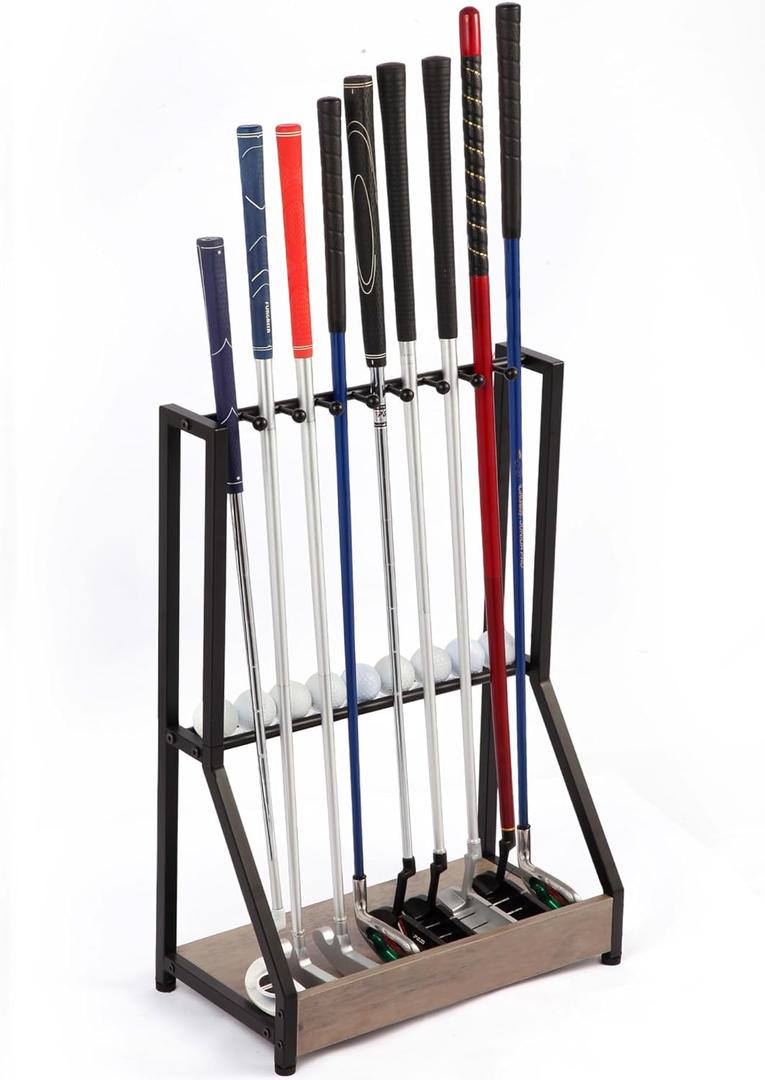 Golf Club Holder for 9 Clubs & 9 Balls, Solid Wood & Iron Golf Organizer, Golf Putter Holder Floor Stand, Golf Club Stand Suitable for Golf SimulatorsGolf Course Accessories