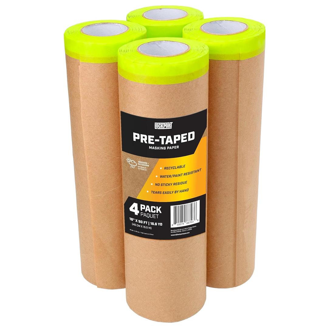 Lockport Pre-Taped Painting Tape with Masking Paper - 18 in x 50 ft Painting Paper Roll (4 Pack) - Wall Safe - Multi-Use Painters Tape