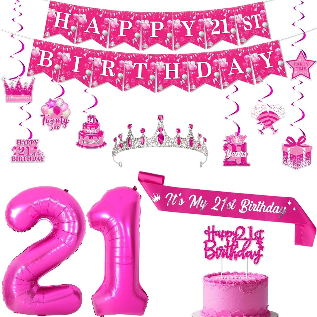 21st Birthday Decorations for Her, Hot Pink Happy 21st Birthday Banner Hanging Swirls Tiara Sash Cake Topper Foil Balloon for Women Girl 21 Year Old Party Supplies